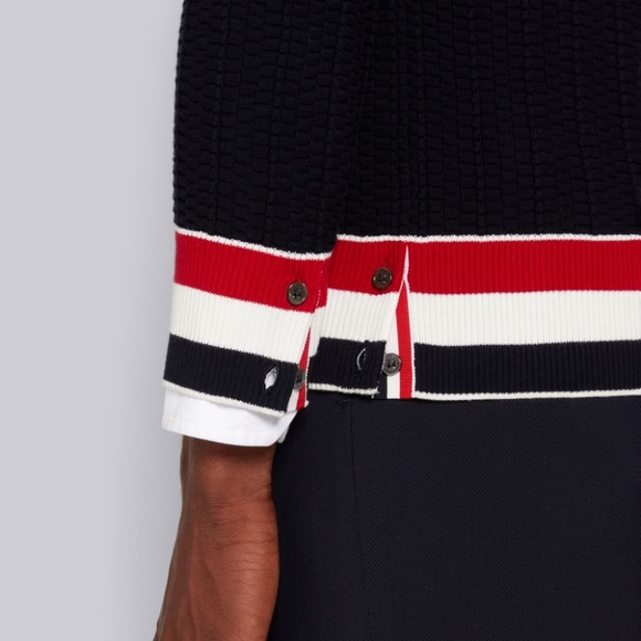 THOM BROWNE NAVY TEXTURED COTTON STRIPE RIB CREW NECK PULLOVER - Picture 13 of 16